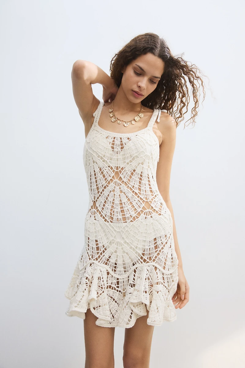 Flounced Crochet-Look Dress