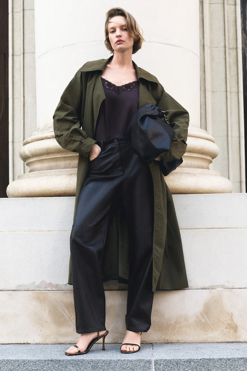 Barrel-Leg Coated Pants