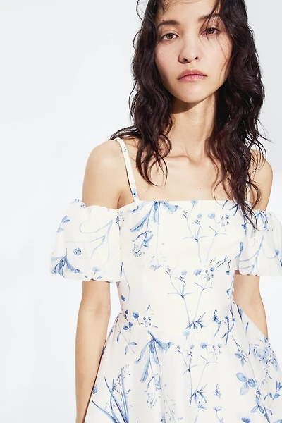 Linen-Blend Open-Shoulder Dress