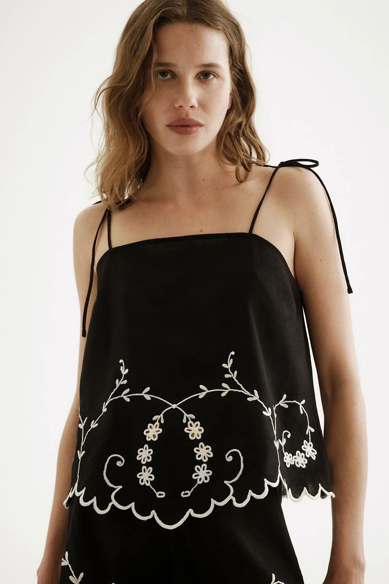 Embroidered Linen-Blend Top