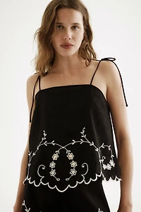 Embroidered Linen-Blend Top
