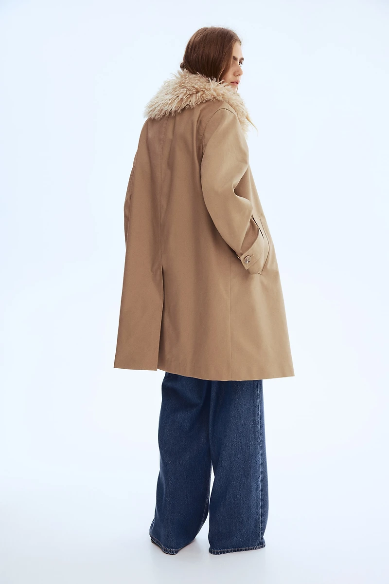 Twill Coat with Fluffy Collar