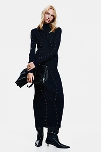 Bead-Embellished Rib-Knit Dress