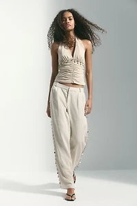 Embellished Linen-Blend Pants