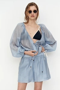 Linen-Blend Tie-Front Blouse