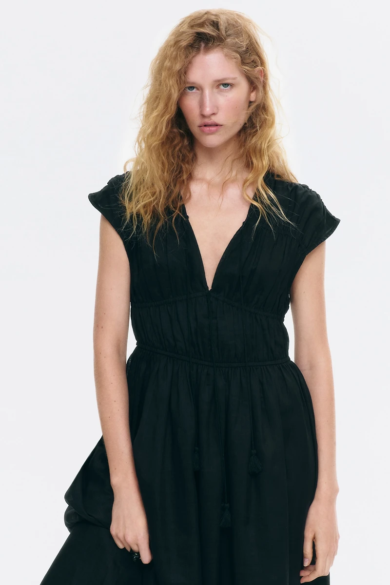 Drawstring-Detail Ramie Dress