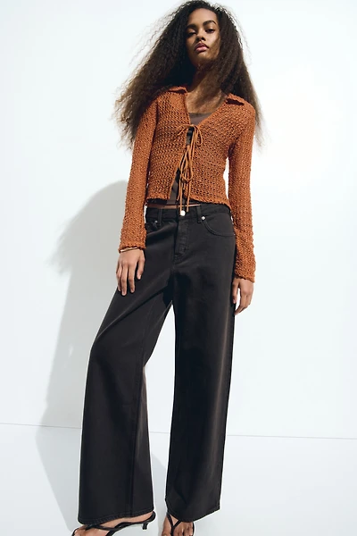 Tie-Front Hole-Knit Top