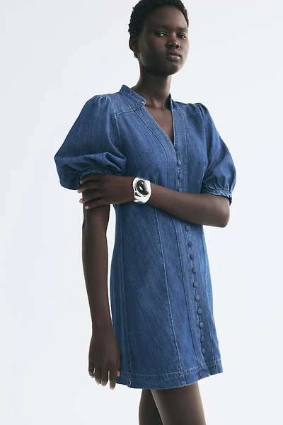 Puff-Sleeved Denim Dress