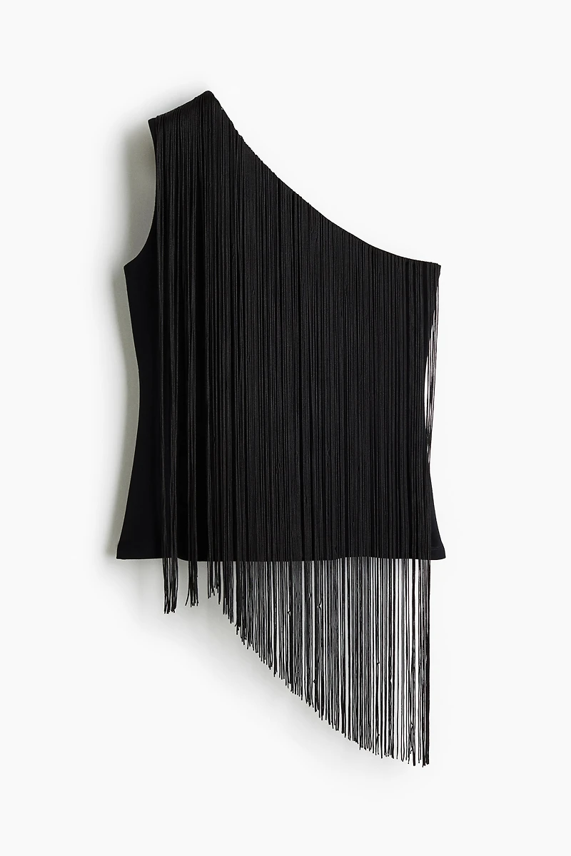 Fringe-Trimmed One-Shoulder Top