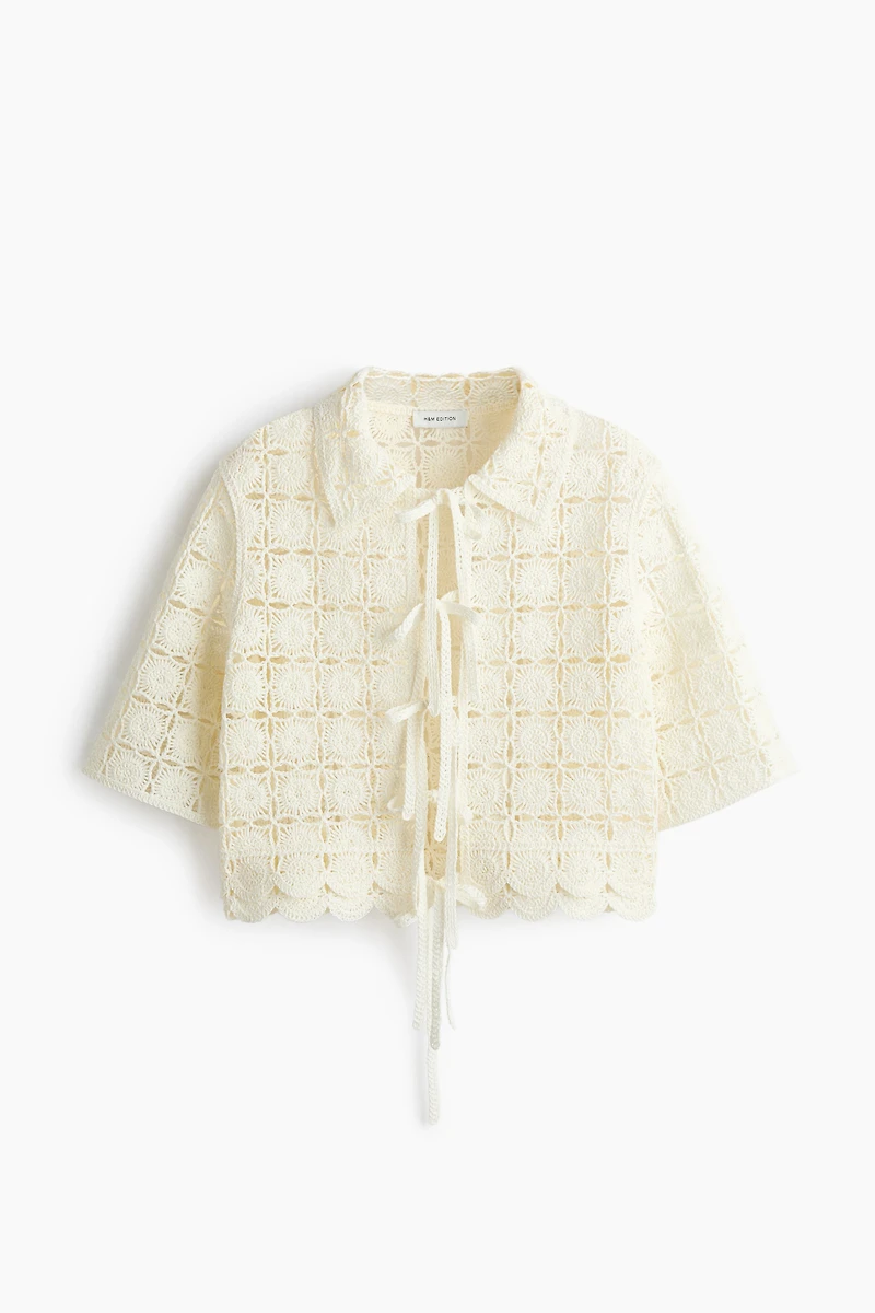 Tie-Front Crochet-Look Shirt