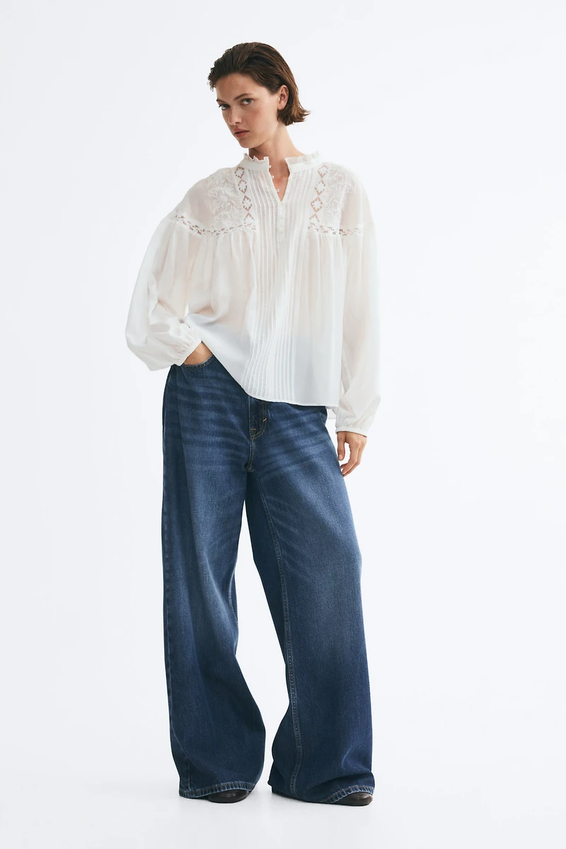 Lace-Inset Balloon-Sleeved Blouse