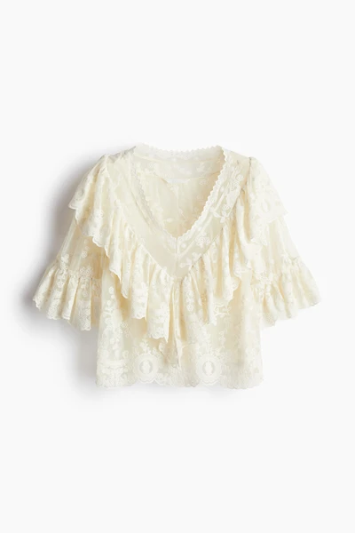 Flounce-Trimmed Lace Blouse