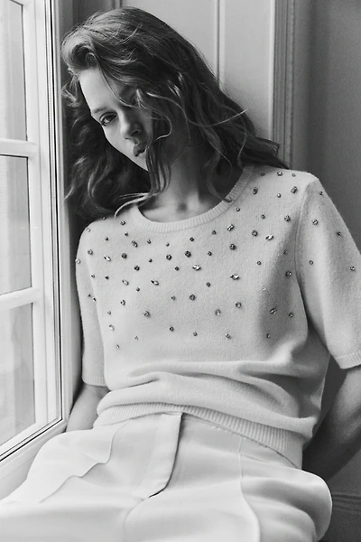 Rhinestone-Embellished Fine-Knit Top