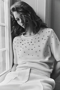 Rhinestone-Embellished Fine-Knit Top