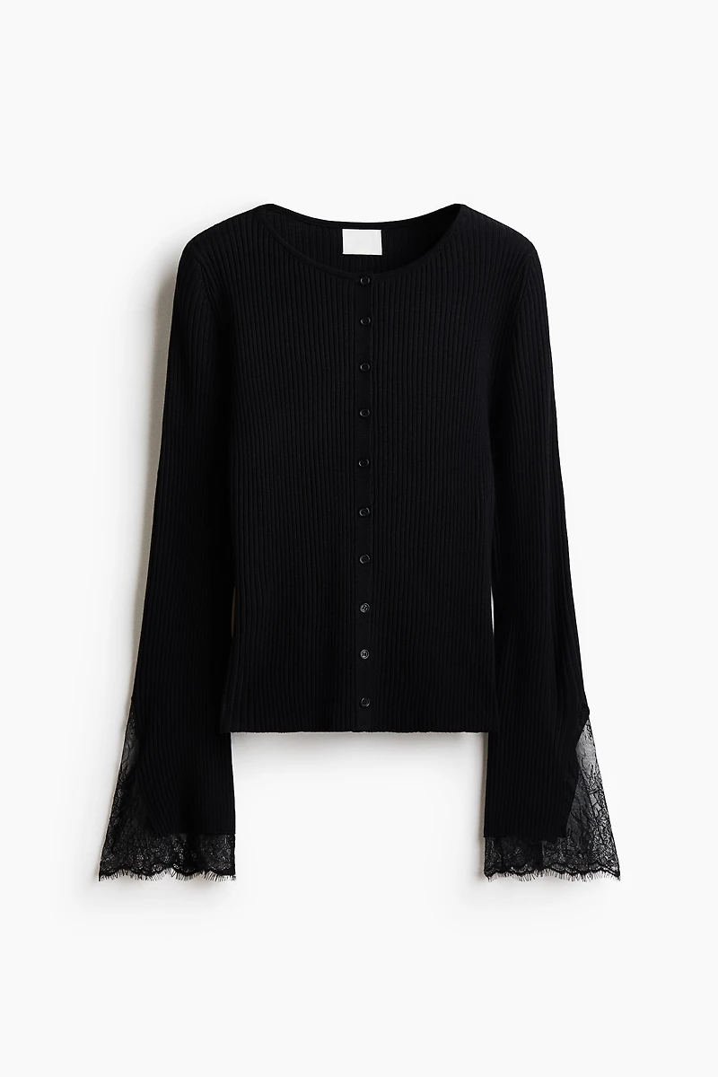 Lace-Trimmed Rib-Knit Cardigan