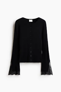 Lace-Trimmed Rib-Knit Cardigan