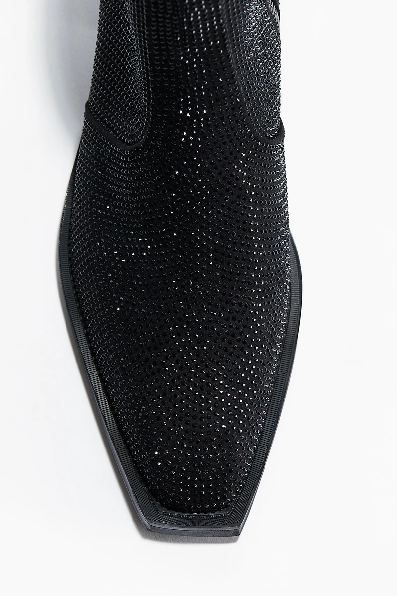 Rhinestone-Embellished Heeled Boots
