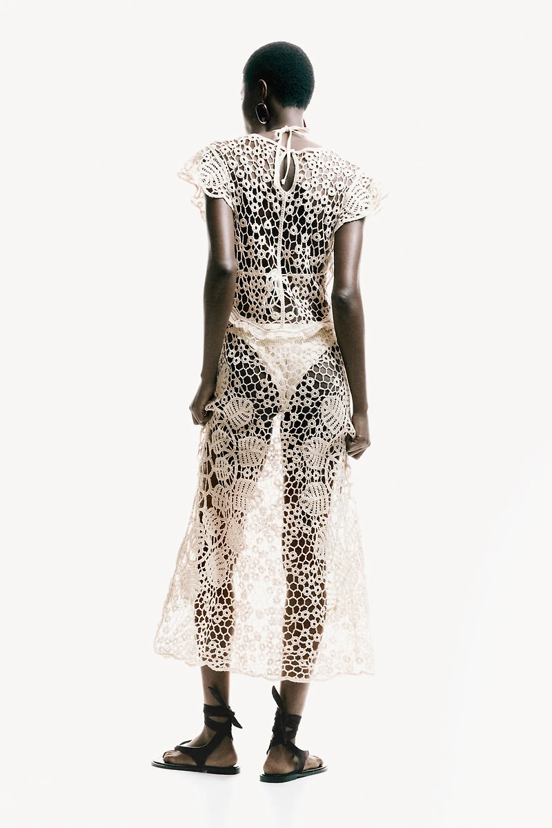 Flutter-Sleeved Crochet-Look Dress