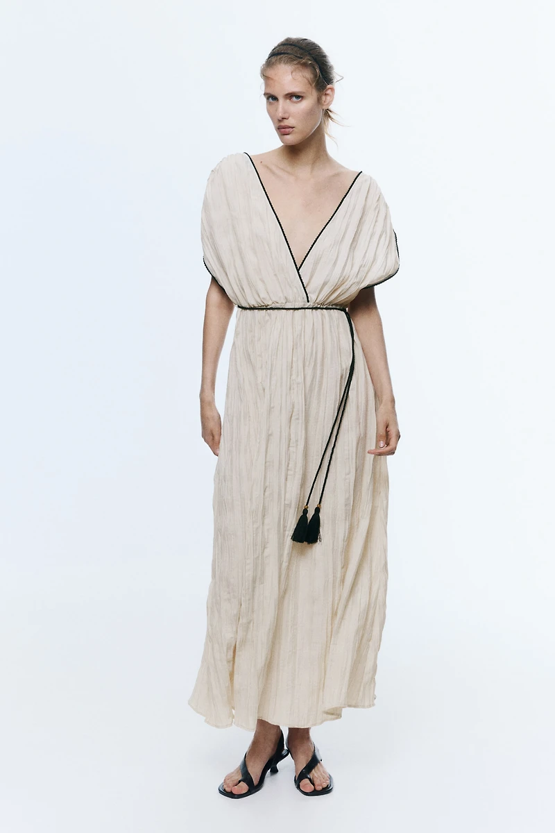 Crinkled Tie-Detail Dress