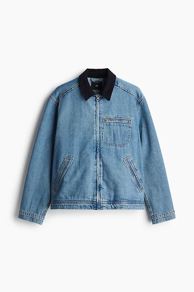 Regular Fit Denim Jacket with Corduroy Collar