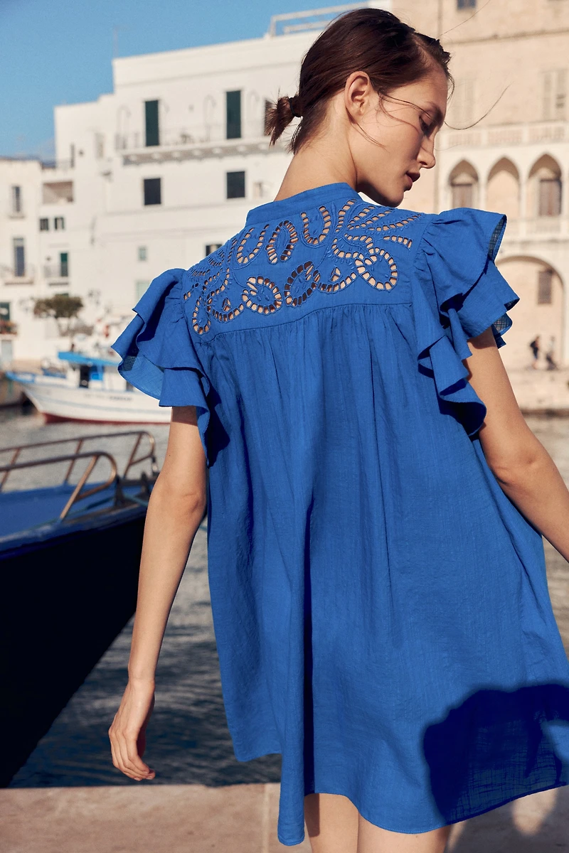 Flutter-Sleeve Dress with Eyelet Embroidery