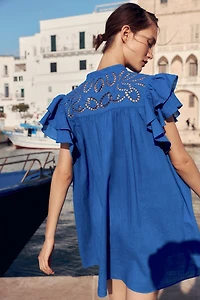 Flutter-Sleeve Dress with Eyelet Embroidery