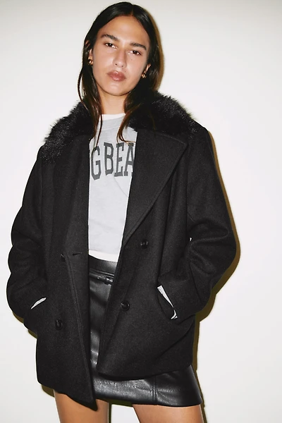 Pea Coat with Fluffy Collar