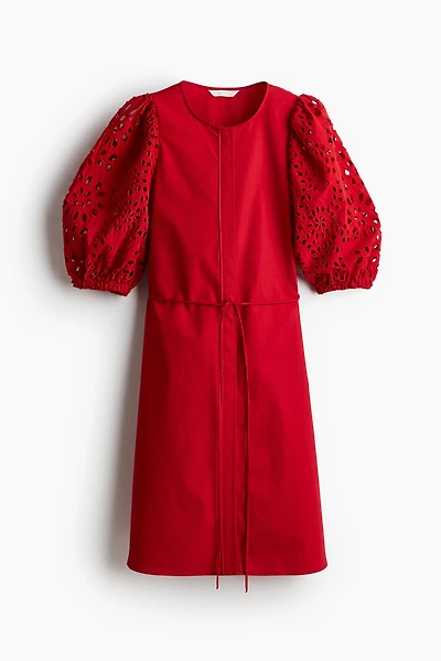 Dress with Eyelet-Embroidered Sleeves