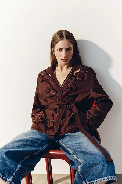 Tie-Belt Jacket with Eyelet-Embroidered Details
