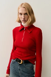 Haut en tricot côtelé à col fermeture éclair