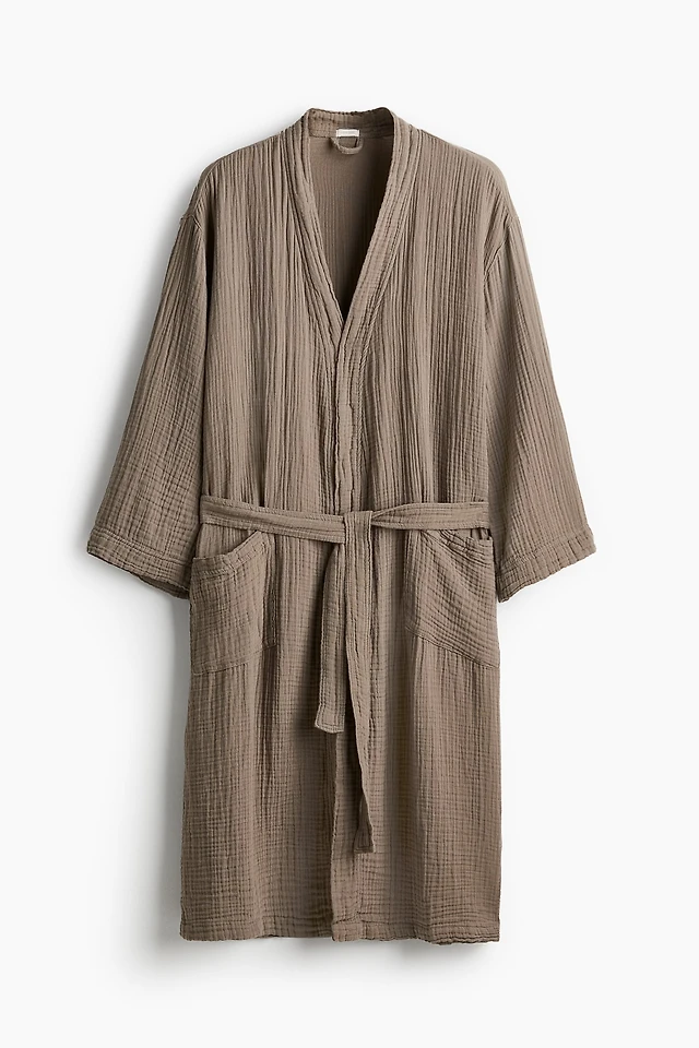 h&m linen dressing gown Women's Nearly black Linen-blend dressing gown