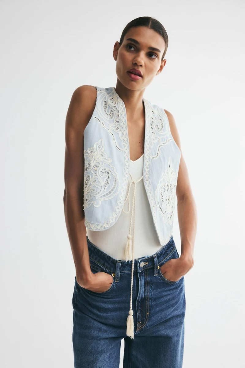 Linen-Blend Vest with Eyelet Embroidery