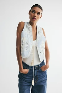 Linen-Blend Vest with Eyelet Embroidery