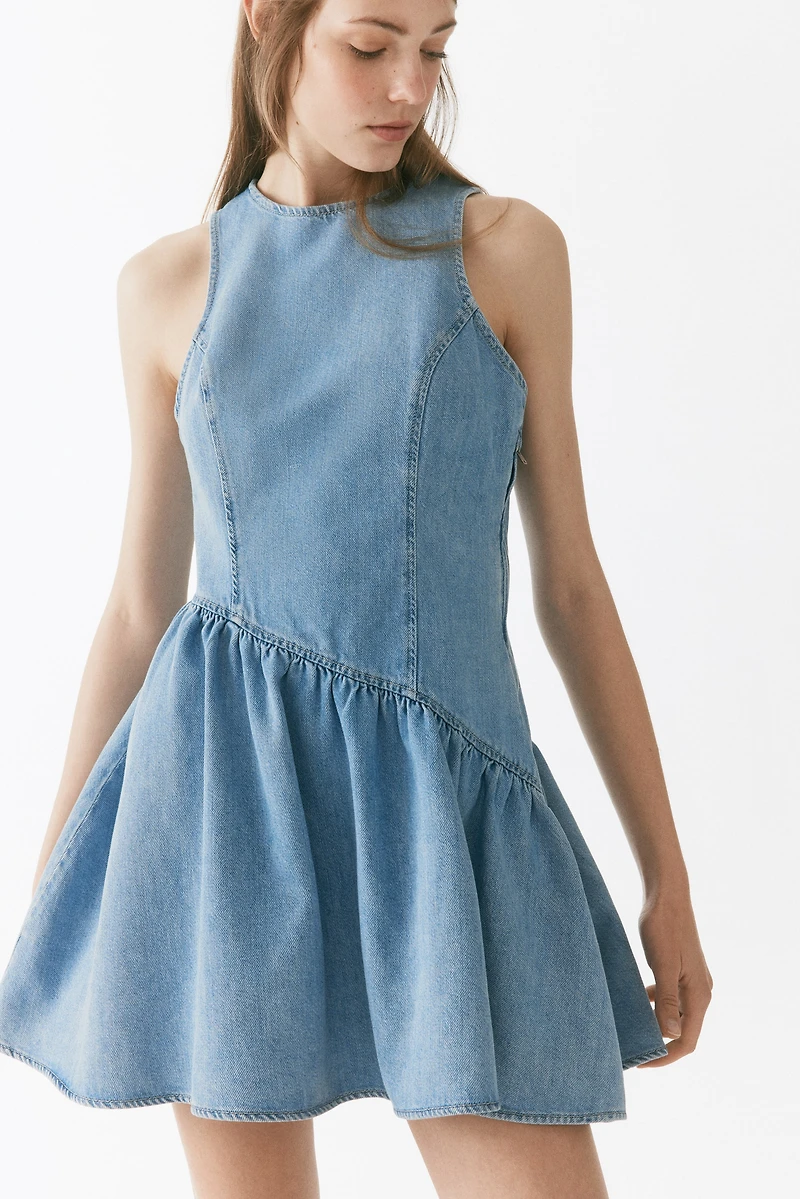 Flared-Skirt Denim Dress