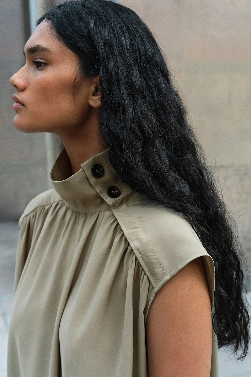 Button-Detail Dress with Flared Skirt