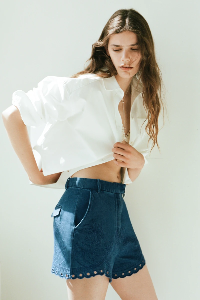 Embroidered Denim Shorts