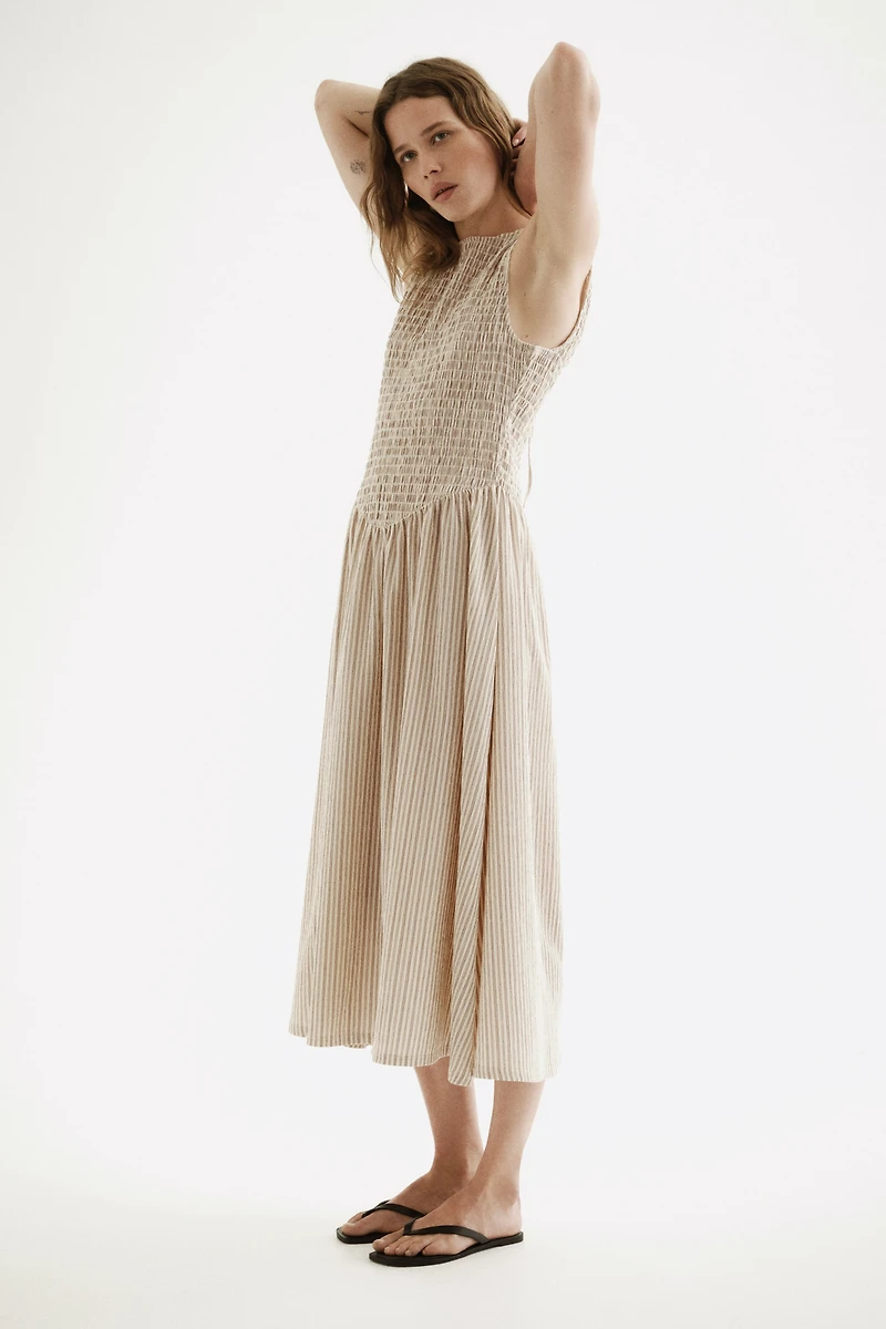 Smocked-Bodice Open-Back Dress