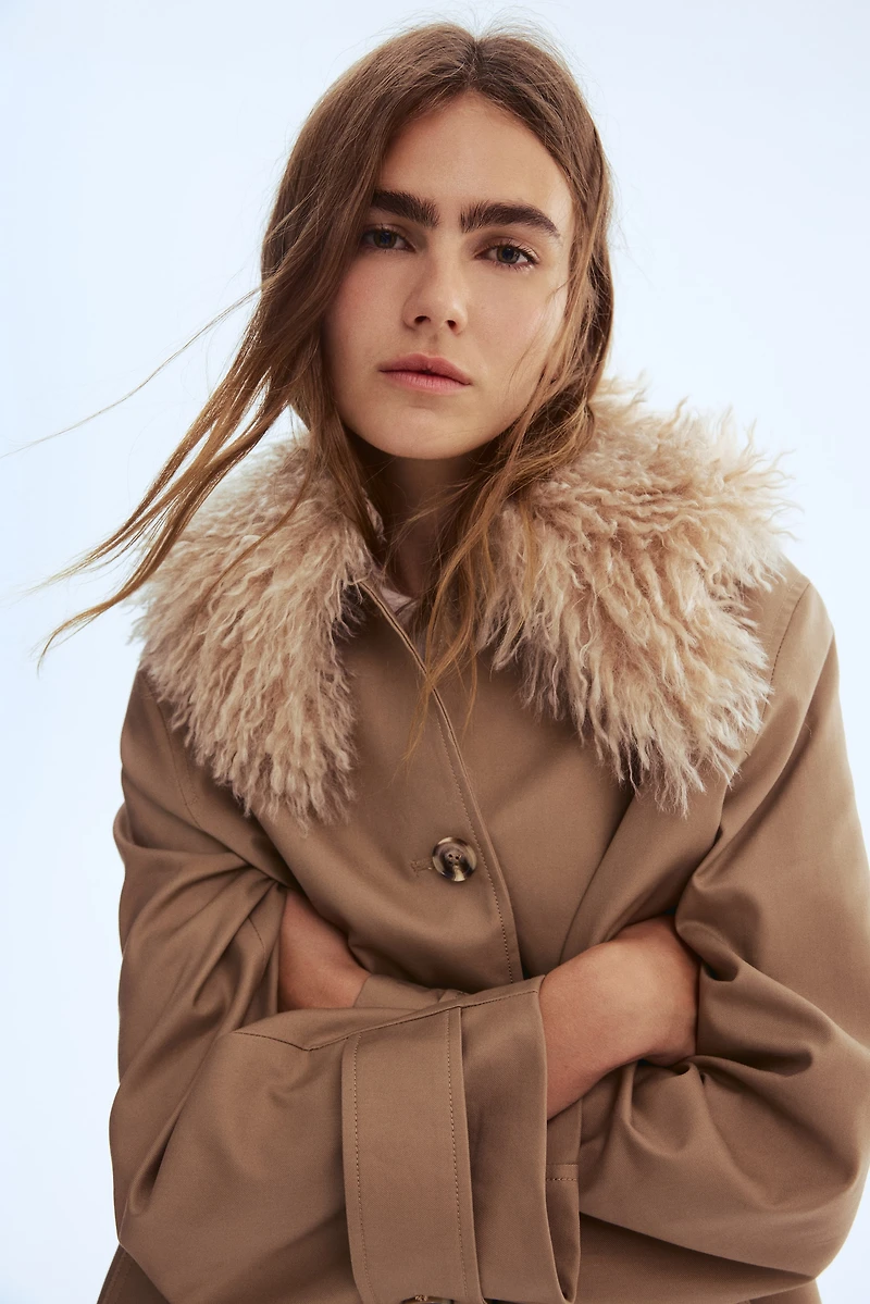 Twill Coat with Fluffy Collar