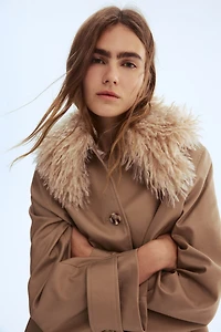 Twill Coat with Fluffy Collar