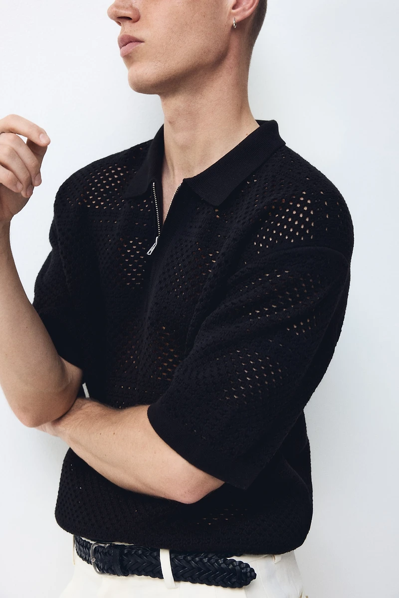 Relaxed-Fit Open-Knit Polo Shirt