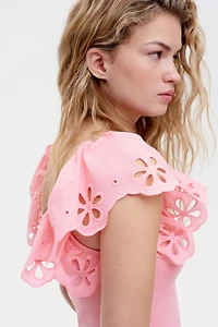 Ribbed Top with Eyelet Embroidered Detail