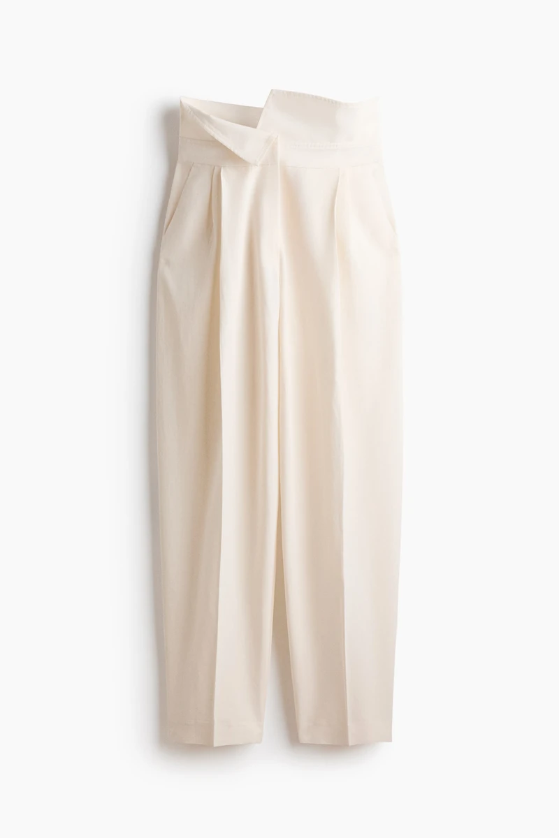 Foldover-Waist Linen-Blend Pants