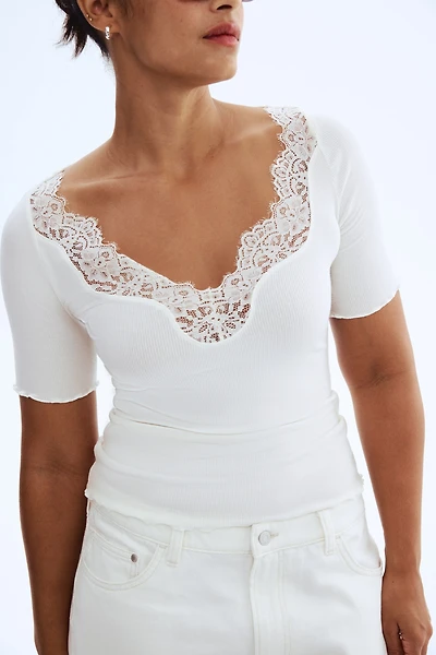 Lace-Trimmed Ribbed Top