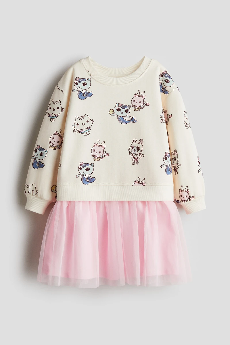 Printed Sweatshirt Dress with Tulle Skirt