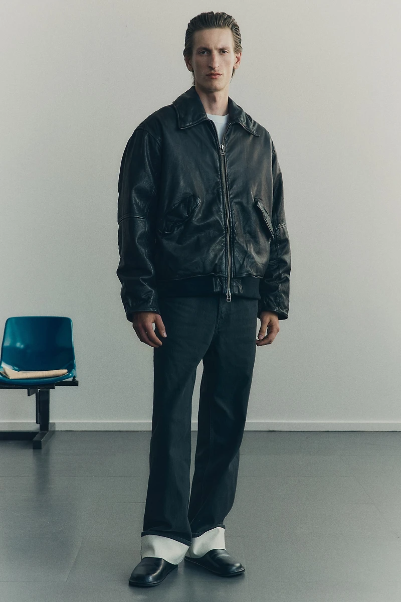 Loose-Fit Leather Aviator Jacket