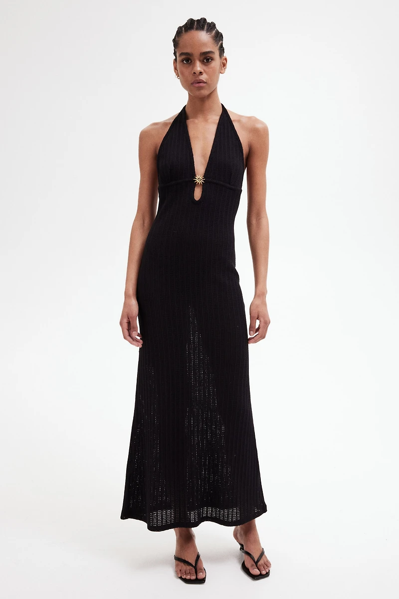 Embellished pointelle-knit dress
