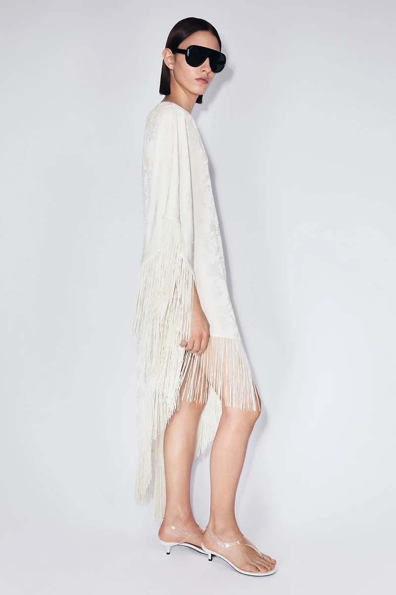 Fringed One-Shoulder Kaftan Dress