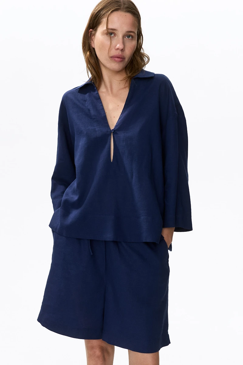 Linen-Blend Pullover Shirt