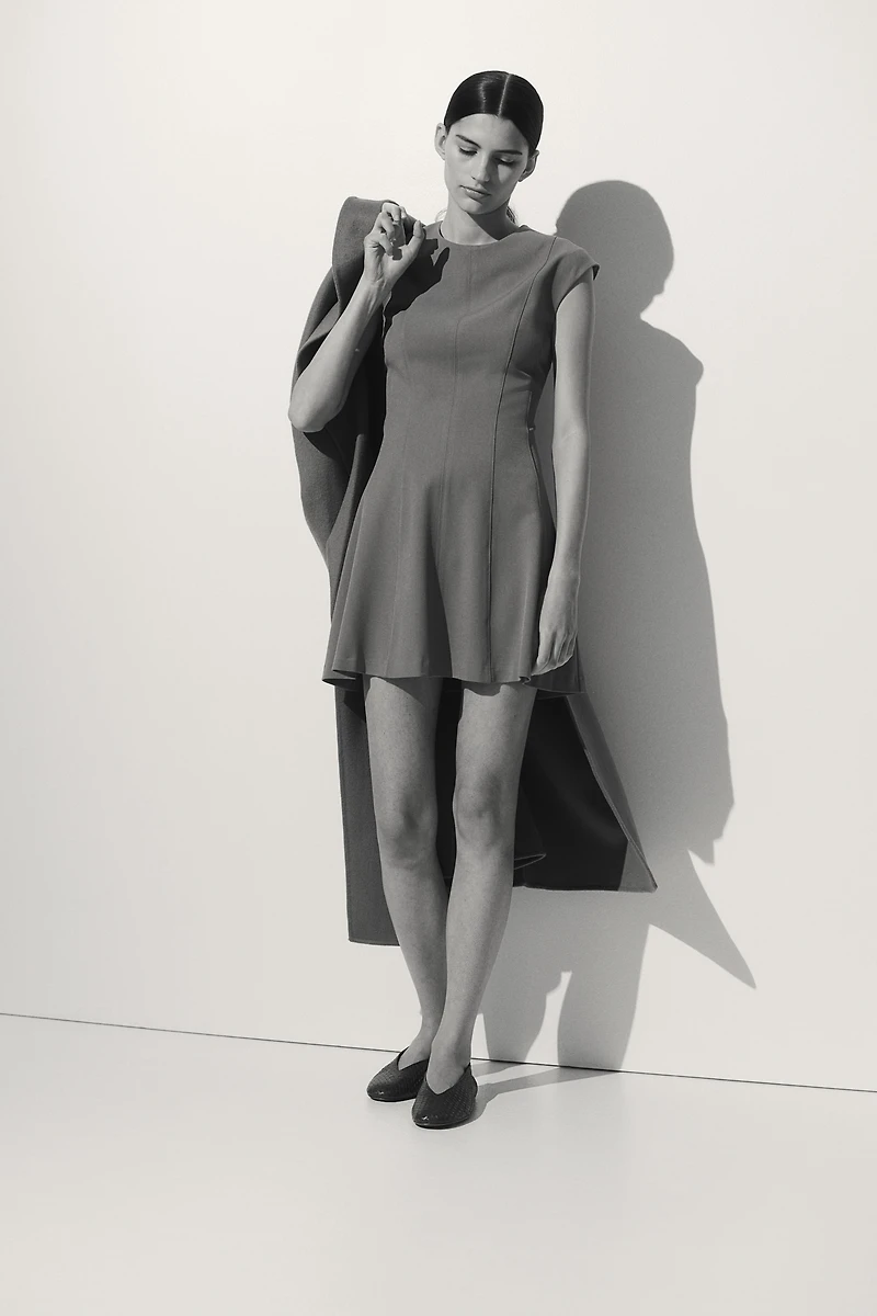 Flared-Skirt Twill Dress