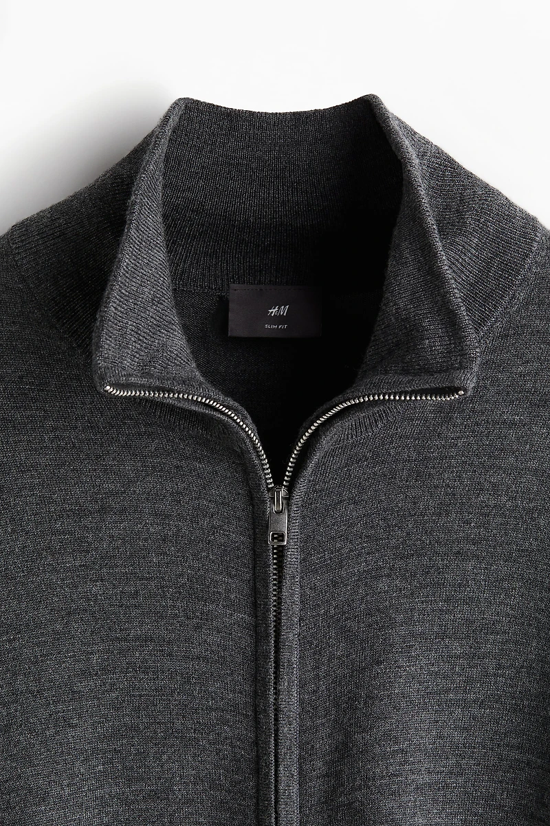 Slim Fit Merino Wool Cardigan with Zipper